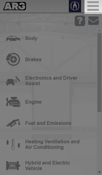 A screenshot of the Acura Mobile Menu when viewed on a mobile device.