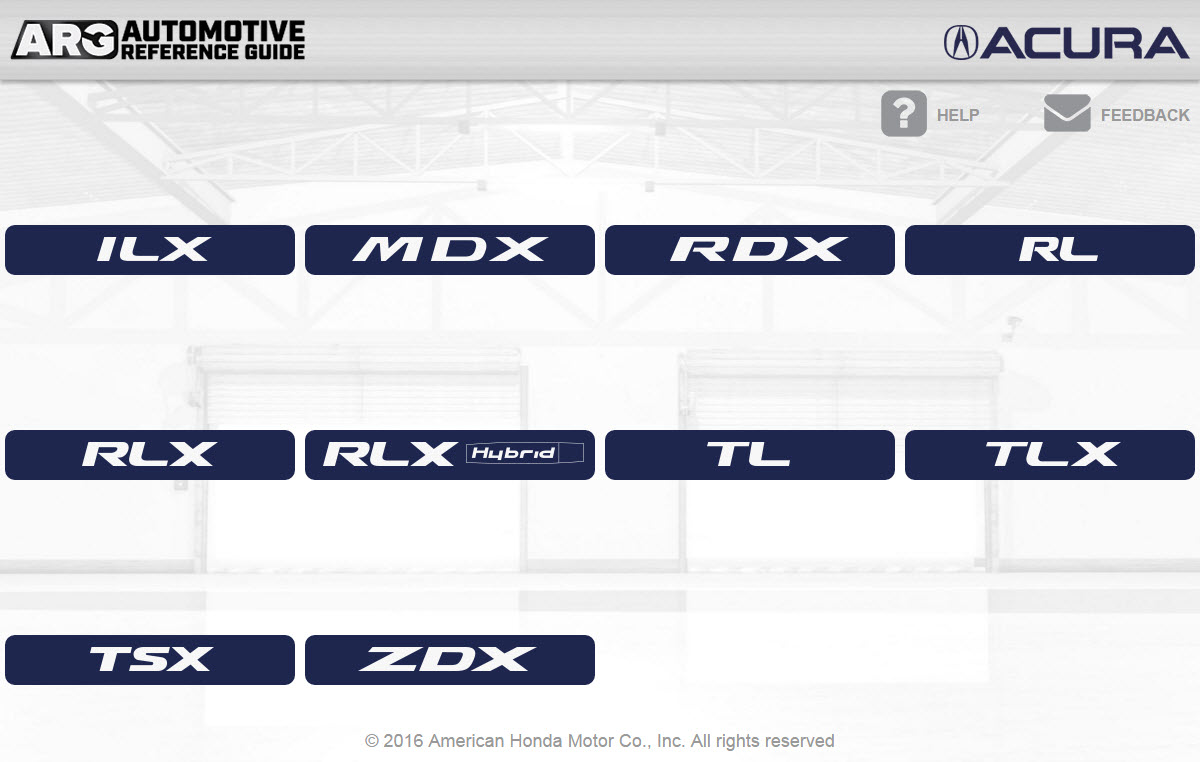 A screenshot of the Acura Model List when viewed on a large device or desktop PC.